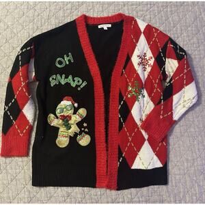Celebrate Together Ugly Christmas Sweater Cardigan L Oh Snap Gingerbread Argyle